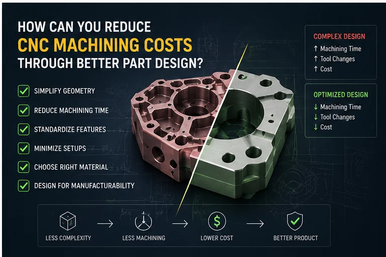Two CNC part designs comparing complex machining with a cost-efficient simplified design