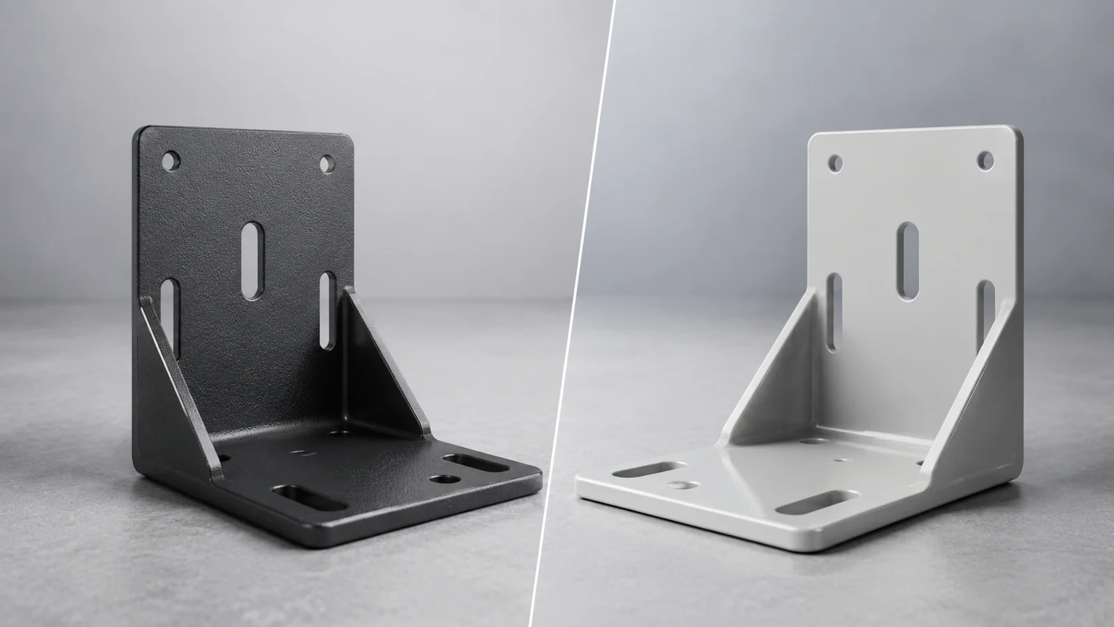 Dark and light coated metal brackets comparing powder coating and painting