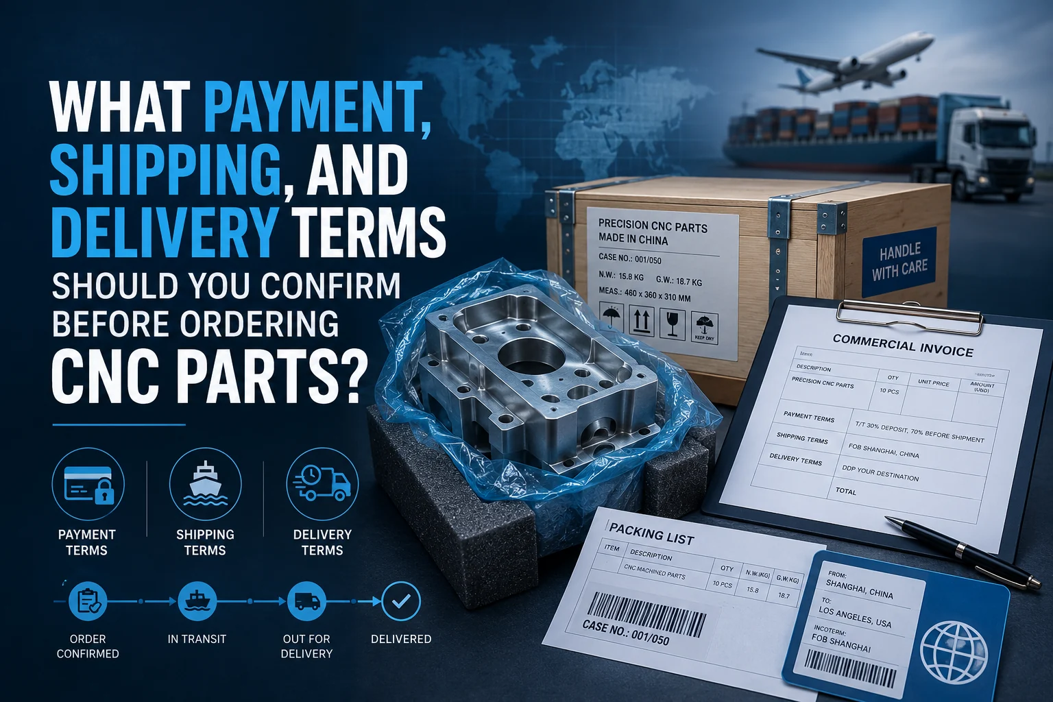 Packaged CNC parts with invoice packing list and international delivery methods
