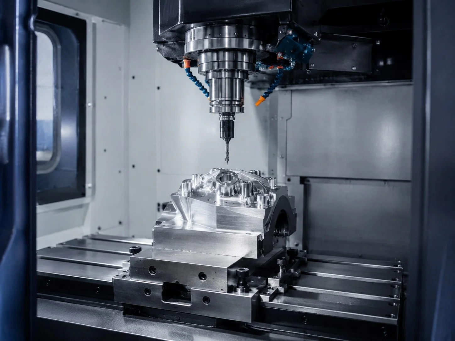 Precision metal part being machined on a CNC mill