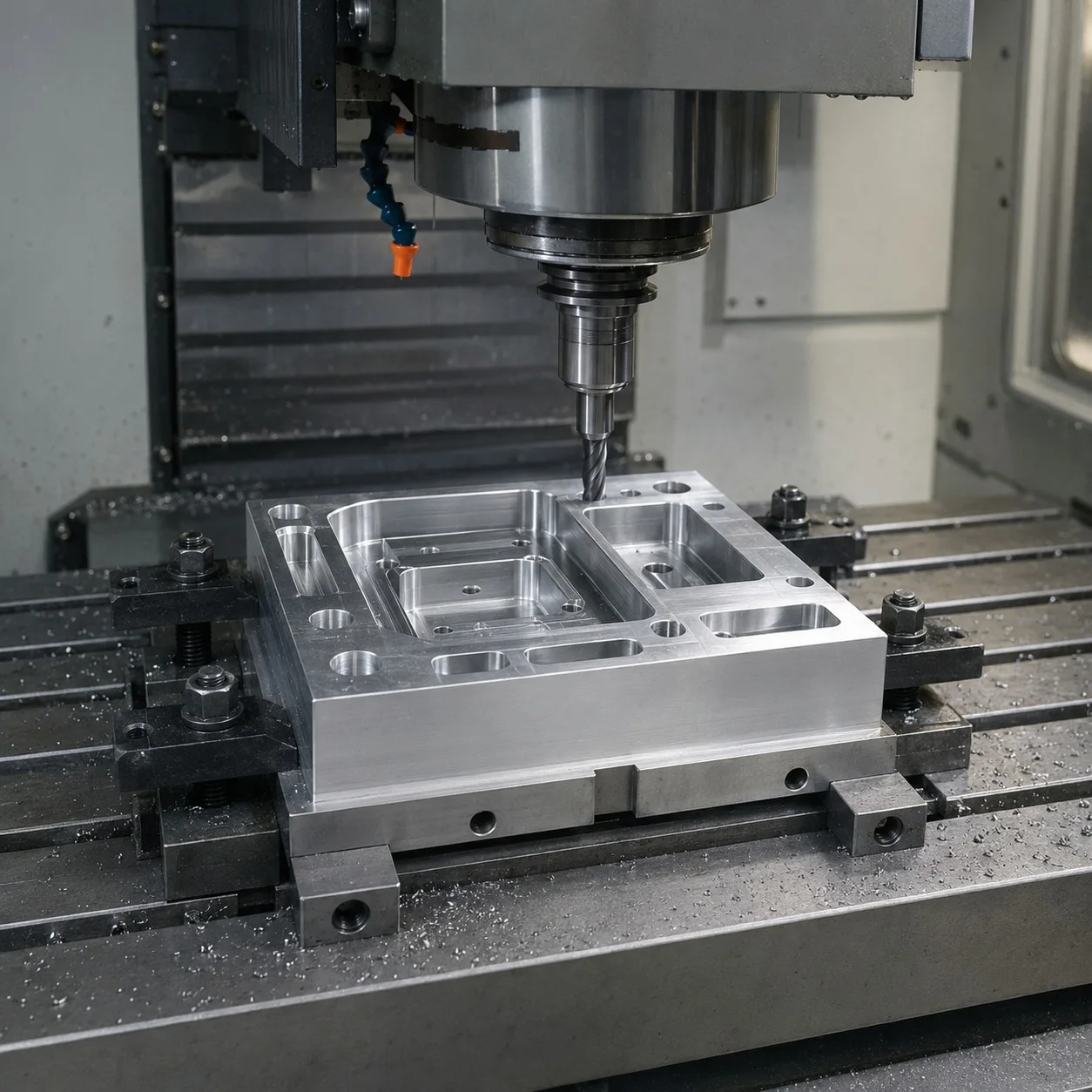 CNC milling machine producing a custom aluminum part